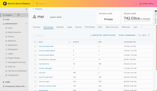Mirantis Secure Registry  Dashboard